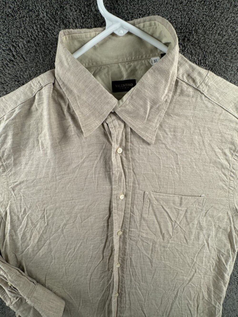 Valentino XL Long Sleeve Button Up Shirt Beige Italy Made Cotton Wool Blend Men